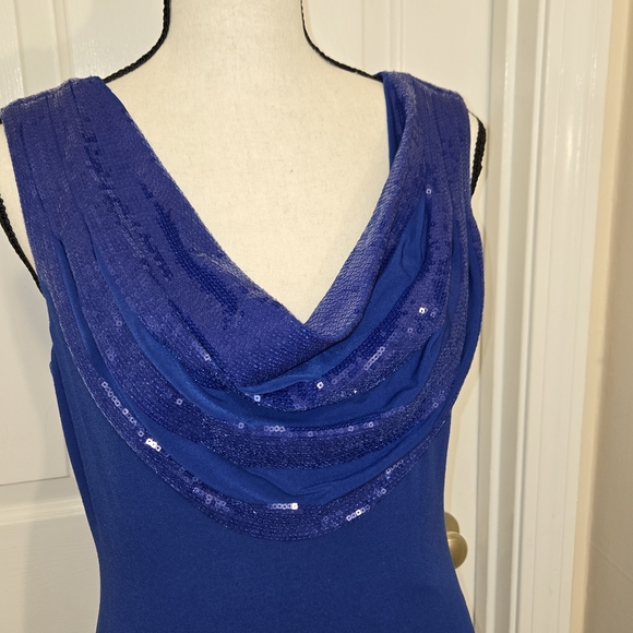 Cobalt blue gown sequined cowl drape neckline and back. Size 4 fits up to 8 - Picture 2 of 5